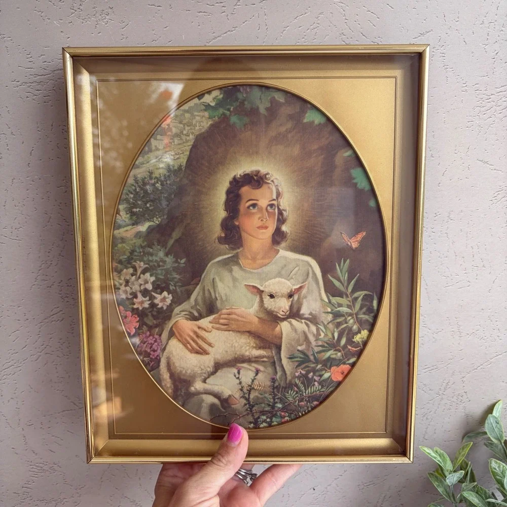 Vintage Jesus Good Shepherd Framed Lithograph Print Gold Tone Frame 8.5x10.5
